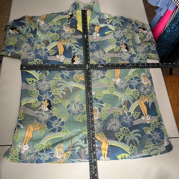 Tommy Bahama Shirt Mens Medium Blue Green Camp Hawaiian Hula Pinup Girls Buttons - Picture 2 of 13